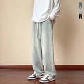 Threebooy Men's Wide Leg Jeans Straight Elastic Waist Baggy Casual Korean Fashion Retro Oversize Male Drawstring Design Pants